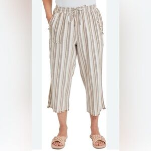 High Waisted Wide Leg Striped Cream and Brown Cropped Linen Pants